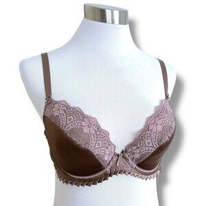 Simone Perele 34C Bra Mink Brown Satin Lace Adelaide Push Up Underwire 136340